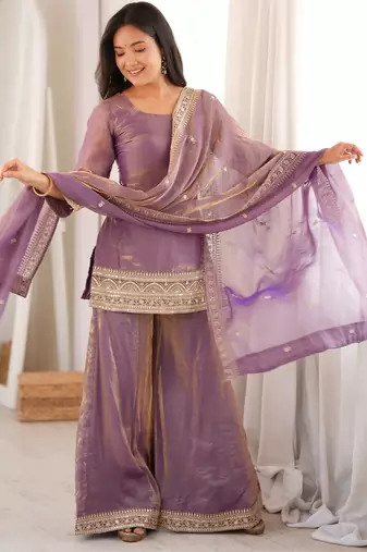 Dusty pink embroidered frendy silk kurta palazzo set with elegant dupatta for festive wear