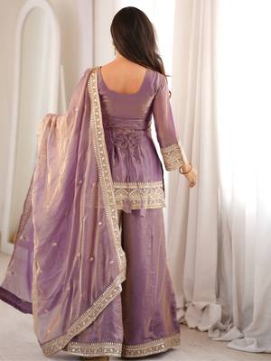 Dusty pink embroidered frendy silk kurta palazzo set with elegant dupatta for festive wear 3