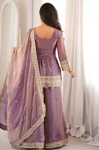 Dusty pink embroidered frendy silk kurta palazzo set with elegant dupatta for festive wear