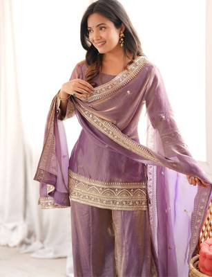 Dusty pink embroidered frendy silk kurta palazzo set with elegant dupatta for festive wear 4