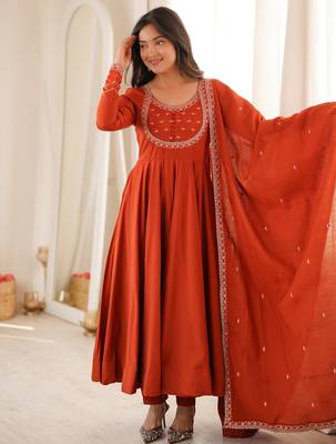 Rust roman chanderi silk embroidered anarkali kurta set with dupatta for festive elegance 1