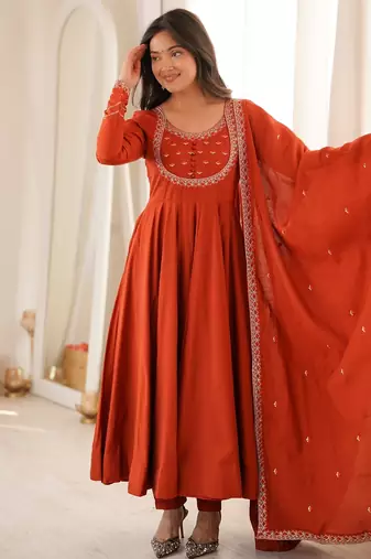 Rust roman chanderi silk embroidered anarkali kurta set with dupatta for festive elegance