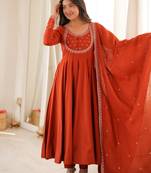 Rust roman chanderi silk embroidered anarkali kurta set with dupatta for festive elegance