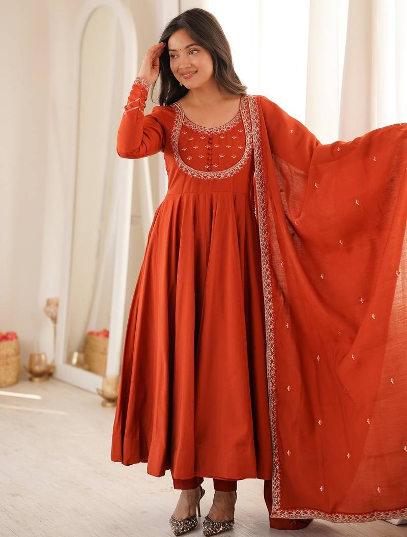 Rust roman chanderi silk embroidered anarkali kurta set with dupatta for festive elegance
