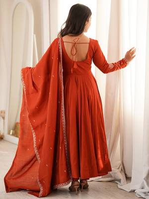 Rust roman chanderi silk embroidered anarkali kurta set with dupatta for festive elegance 2
