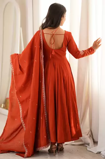 Rust roman chanderi silk embroidered anarkali kurta set with dupatta for festive elegance