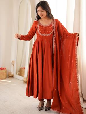 Rust roman chanderi silk embroidered anarkali kurta set with dupatta for festive elegance 3