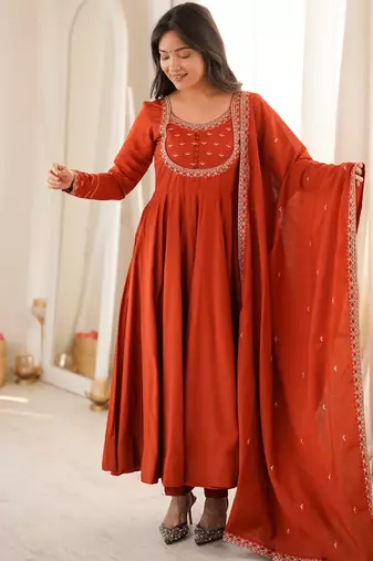 Rust roman chanderi silk embroidered anarkali kurta set with dupatta for festive elegance