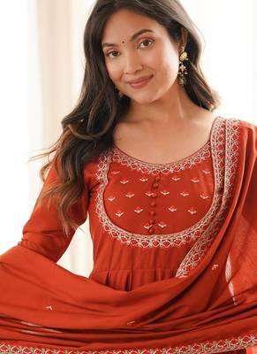 Rust roman chanderi silk embroidered anarkali kurta set with dupatta for festive elegance 4