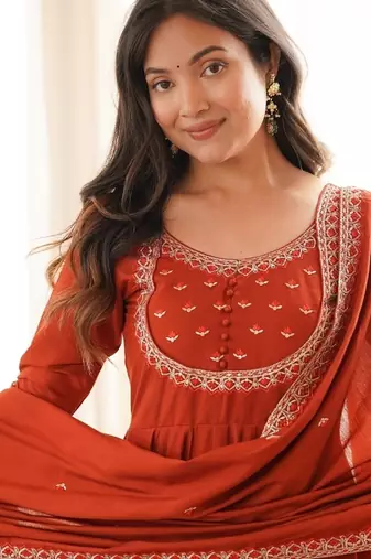 Rust roman chanderi silk embroidered anarkali kurta set with dupatta for festive elegance