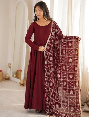 Rust roman chanderi silk embroidered anarkali kurta set with dupatta for festive elegance 1