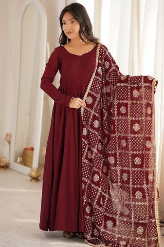 Rust roman chanderi silk embroidered anarkali kurta set with dupatta for festive elegance