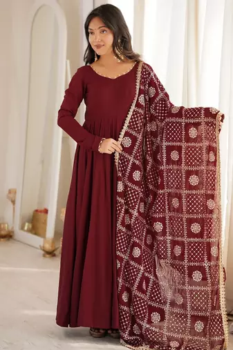 Rust roman chanderi silk embroidered anarkali kurta set with dupatta for festive elegance