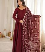 Rust roman chanderi silk embroidered anarkali kurta set with dupatta for festive elegance