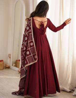 Rust roman chanderi silk embroidered anarkali kurta set with dupatta for festive elegance 2