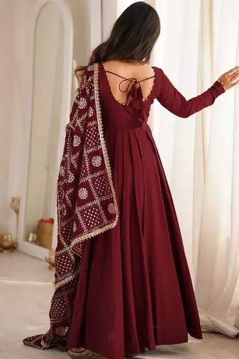 Rust roman chanderi silk embroidered anarkali kurta set with dupatta for festive elegance