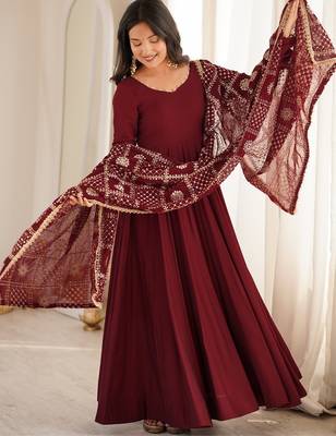 Rust roman chanderi silk embroidered anarkali kurta set with dupatta for festive elegance 3