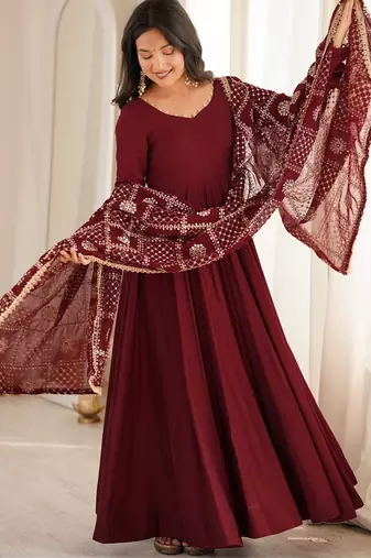 Rust roman chanderi silk embroidered anarkali kurta set with dupatta for festive elegance