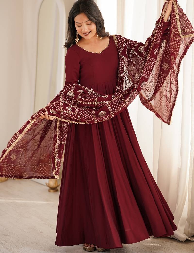 Rust roman chanderi silk embroidered anarkali kurta set with dupatta for festive elegance
