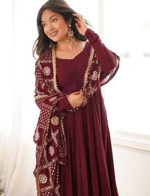 Rust roman chanderi silk embroidered anarkali kurta set with dupatta for festive elegance 4
