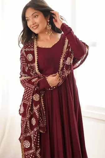 Rust roman chanderi silk embroidered anarkali kurta set with dupatta for festive elegance