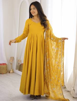 Yellow roman silk 16 kali embroidered gown set with designer dupatta for festive elegance 1