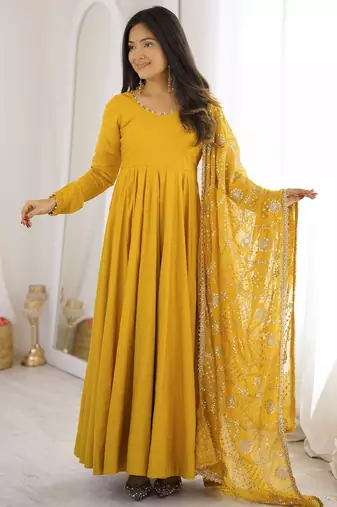 Yellow roman silk 16 kali embroidered gown set with designer dupatta for festive elegance