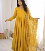 Yellow roman silk 16 kali embroidered gown set with designer dupatta for festive elegance