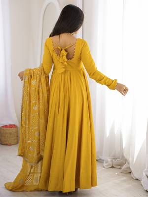 Yellow roman silk 16 kali embroidered gown set with designer dupatta for festive elegance 2