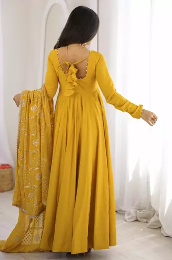 Yellow roman silk 16 kali embroidered gown set with designer dupatta for festive elegance