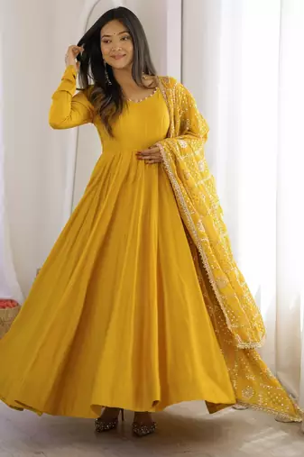 Yellow roman silk 16 kali embroidered gown set with designer dupatta for festive elegance