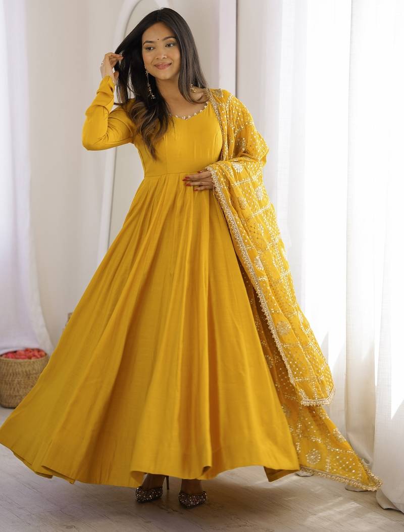 Yellow roman silk 16 kali embroidered gown set with designer dupatta for festive elegance