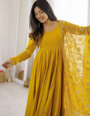 Yellow roman silk 16 kali embroidered gown set with designer dupatta for festive elegance 4