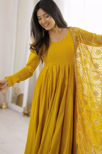 Yellow roman silk 16 kali embroidered gown set with designer dupatta for festive elegance