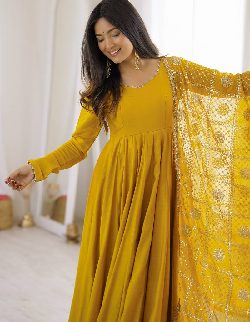 Yellow roman silk 16 kali embroidered gown set with designer dupatta for festive elegance