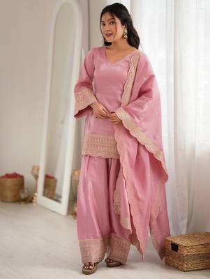 Elegant pink roman silk embroidered kurta with farshi shalwar and designer dupatta set 1