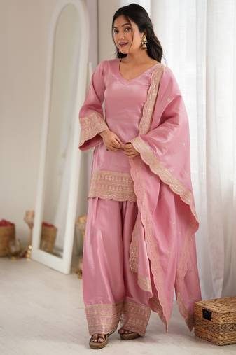 Elegant pink roman silk embroidered kurta with farshi shalwar and designer dupatta set