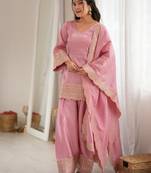 Elegant pink roman silk embroidered kurta with farshi shalwar and designer dupatta set