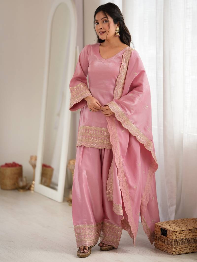 Elegant pink roman silk embroidered kurta with farshi shalwar and designer dupatta set