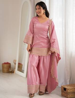 Elegant pink roman silk embroidered kurta with farshi shalwar and designer dupatta set 2