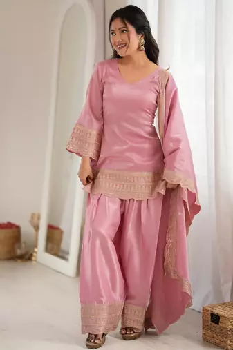 Elegant pink roman silk embroidered kurta with farshi shalwar and designer dupatta set