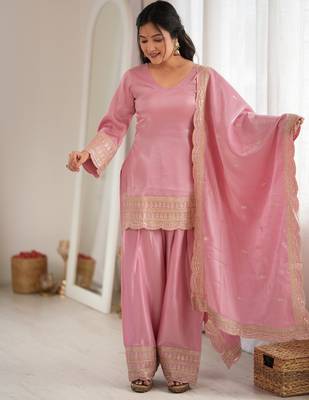 Elegant pink roman silk embroidered kurta with farshi shalwar and designer dupatta set 3