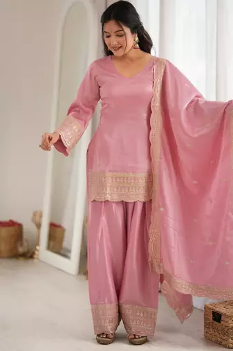 Elegant pink roman silk embroidered kurta with farshi shalwar and designer dupatta set