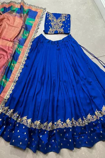 blue vichitra silk chaniya choli with sequins & thread embroidery