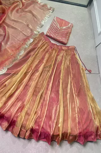 pink carika silk blend chaniya choli with sequins & thread embroidery