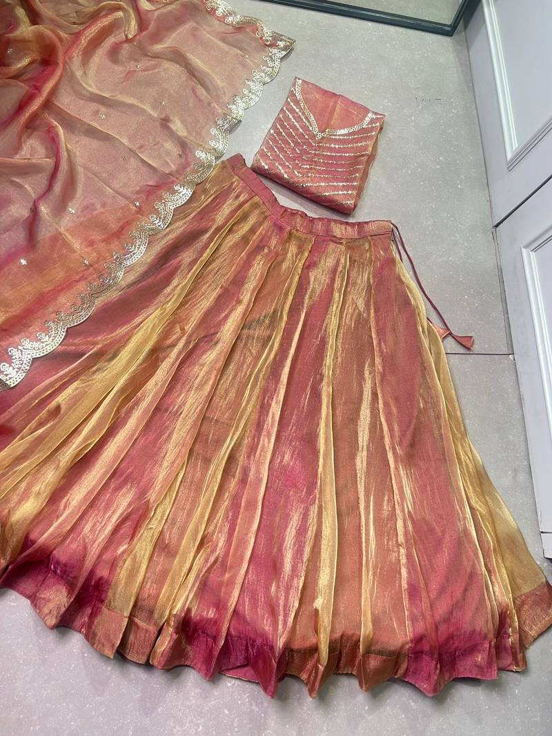 pink carika silk blend chaniya choli with sequins & thread embroidery