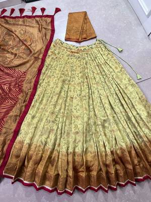 olive silk lehenga with copper printed dupatta 6