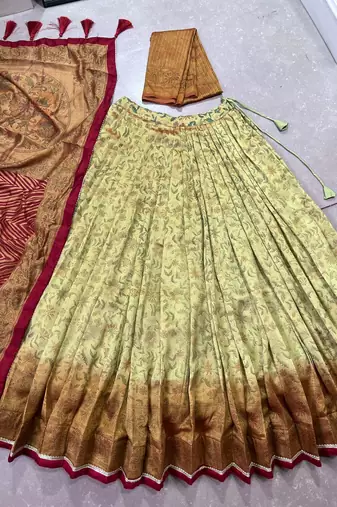 Multicolor printed vichitra silk lehenga with choli and dupatta