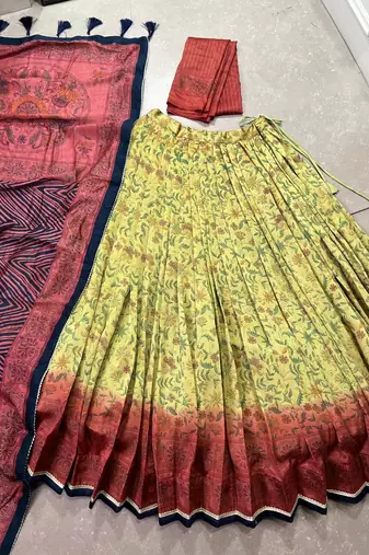 Multicolor printed vichitra silk blend lehenga with choli and dupatta