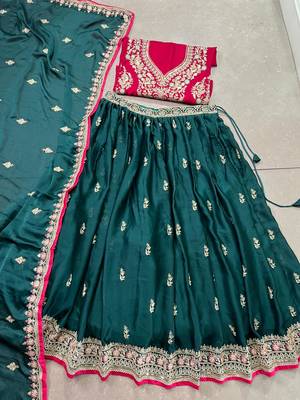 green silk blend blend Satin Lehenga Choli set with Sequins & Thread Embroidery 6
